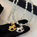 Gold Plated Horse Faux Pearl Sweater Necklace For Women Old Money Vintage Elegant Collarbone Chain view 3
