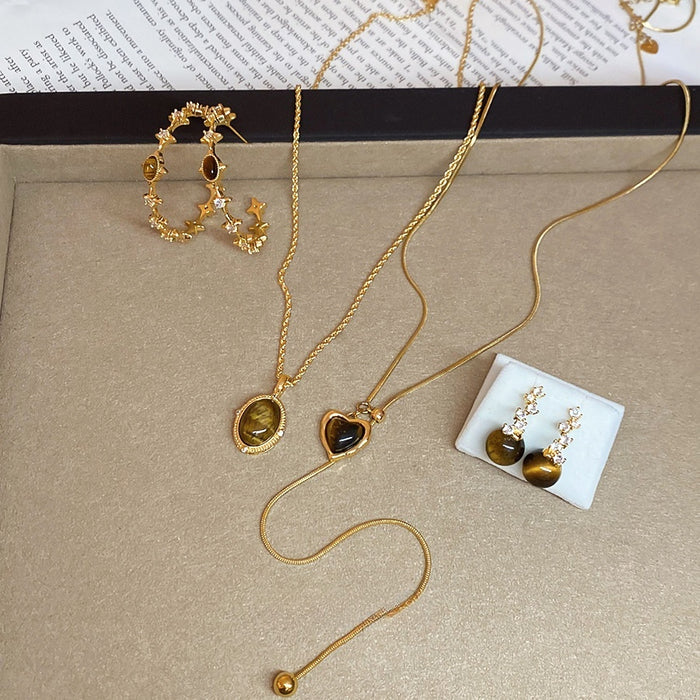 Maillard Retro Round Tiger Eye Stone Pendant Necklace And Earrings Jewelry Set For Women