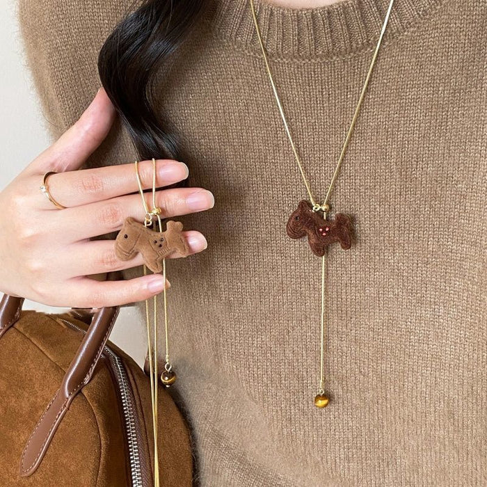 Light Luxury Tiger Eye Stone Horse Sweater Necklace Vintage Zodiac Pony Pendant Choker