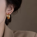Gold Plated Copper Zircon Round Coin Drop Earrings New Chinese Vintage Light Luxury Style view 4