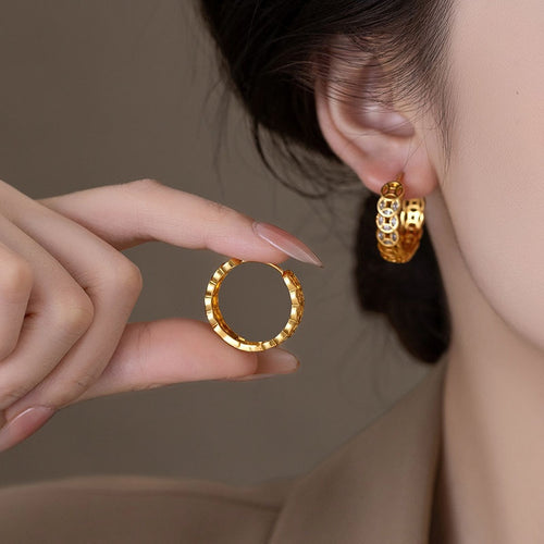Gold Plated Copper Zircon Round Coin Drop Earrings New Chinese Vintage Light Luxury Style