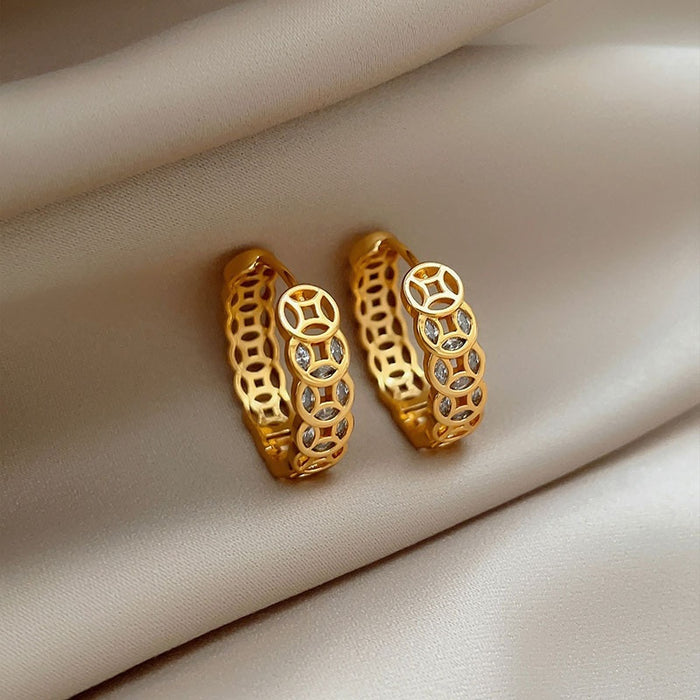 Gold Plated Copper Zircon Round Coin Drop Earrings New Chinese Vintage Light Luxury Style