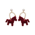 Chic Flocked Horse Faux Pearl Stud Earrings With Silver Pins Vintage Light Luxury Animal Zodiac Jewelry view 5