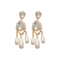 Gold Plated Silver Post Zircon Teardrop Faux Pearl Vintage Court Style Drop Earrings view 5