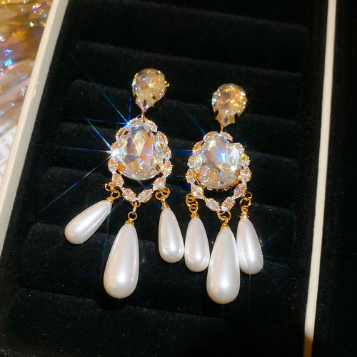 Gold Plated Silver Post Zircon Teardrop Faux Pearl Vintage Court Style Drop Earrings