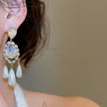Gold Plated Silver Post Zircon Teardrop Faux Pearl Vintage Court Style Drop Earrings view 2