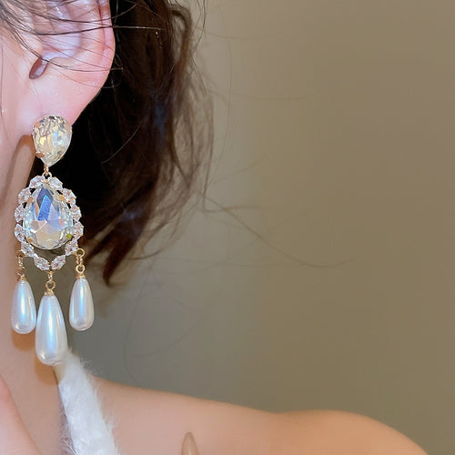 Gold Plated Silver Post Zircon Teardrop Faux Pearl Vintage Court Style Drop Earrings