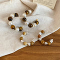 Maillard Style Tiger Eye Stone Beaded Pearl Stud Earrings, Geometric Round Vintage Ethnic Jewelry view 3