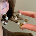 Maillard Style Tiger Eye Stone Beaded Pearl Stud Earrings, Geometric Round Vintage Ethnic Jewelry view 4