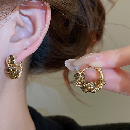 Vintage Tiger Eye Twisted Triangle Geometric Earrings Maillard Light Luxury Statement Ear Jewelry