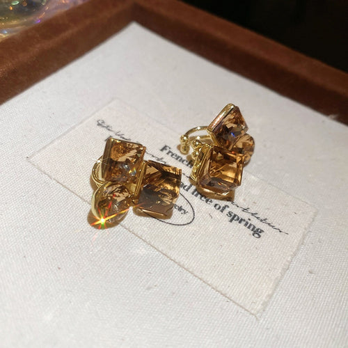 Gold Plated Copper Square Rhinestone Clip-on Earrings, Maillard Vintage Light Luxury Ear Cuffs