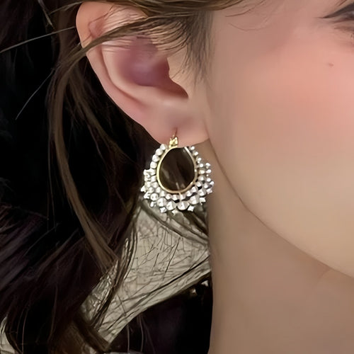 Light Luxury French Vintage Geometric Round Faux Pearl Rhinestone Twisted Earrings For Women