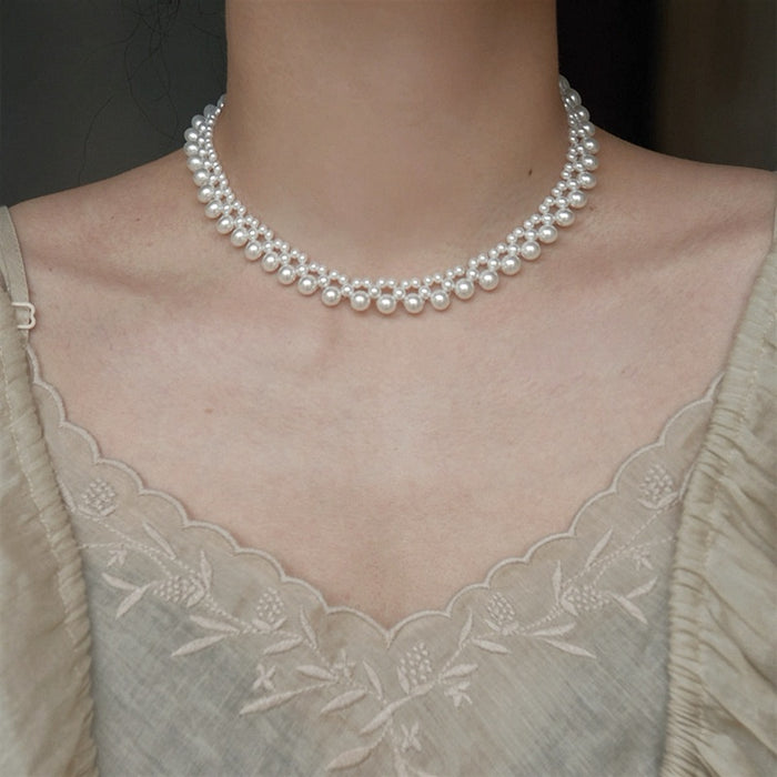 Stainless Steel Beaded Faux Pearl Necklace Elegant Vintage Light Luxury Round Geometric Collarbone Chain