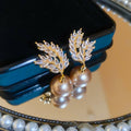 Gold Plated Silver Needle Wheat Ear Zircon Faux Pearl Stud Earrings French Light Luxury Style view 4