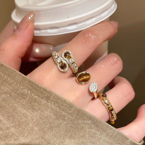 Gold Plated Tiger Eye Round Vintage Open Ring For Women