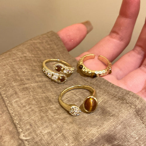 Gold Plated Tiger Eye Round Vintage Open Ring For Women