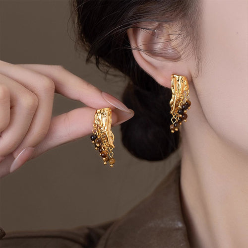 Vintage Resin Pleated Tassel Geometric Drop Earrings With Silver Pins For Women
