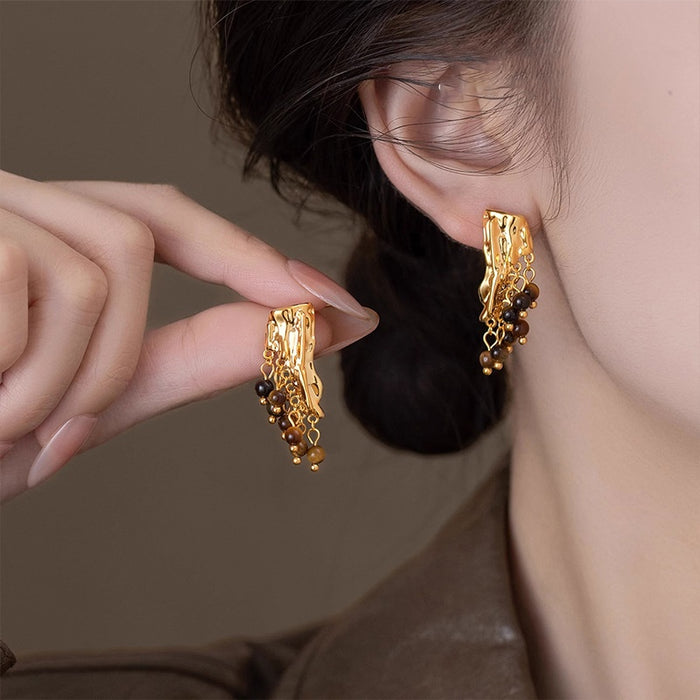 Vintage Resin Pleated Tassel Geometric Drop Earrings With Silver Pins For Women