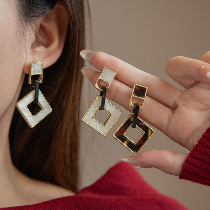 Elegant Leopard Print Acrylic Geometric Hollow Square Drop Alloy Stud Dangle Fashion Earrings