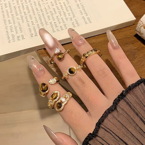 Gold Plated Zircon Tiger Eye Open Ring For Women