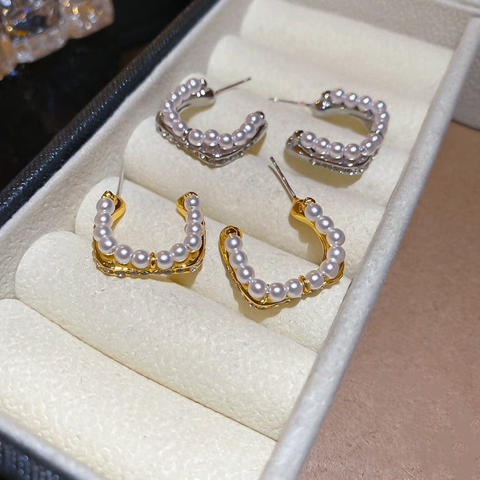 Light Luxury French Retro C Shape Faux Pearl Rhinestone Stud Earrings For Women