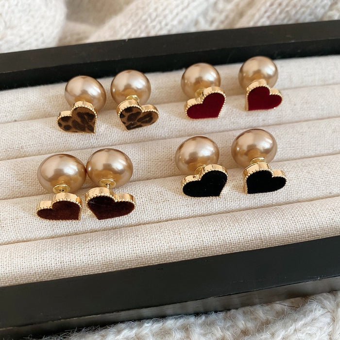 Faux Pearl Heart Stud Earrings With Silver Pin Flocked Retro Minimalist Daily Jewelry For Women