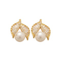 Gold Plated Silver Post Zircon Leaf Faux Pearl Stud Earrings For Women Light Luxury Style view 5
