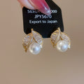 Gold Plated Silver Post Zircon Leaf Faux Pearl Stud Earrings For Women Light Luxury Style view 2