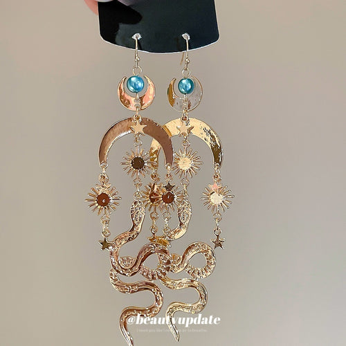 Vintage Ethnic Alloy Sun Moon Snake Pendant Tassel Drop Earrings For Women