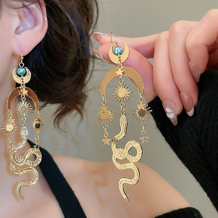 Vintage Ethnic Alloy Sun Moon Snake Pendant Tassel Drop Earrings For Women
