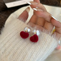 Sweet Flocked Fabric Heart Pearl Front Back Studs For Women Autumn Winter Dopamine Fashion Earrings view 2