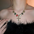 Vintage Alloy Rhinestone Cross Pendant Necklace For Women, Geometric Luxury Collarbone Chain view 3