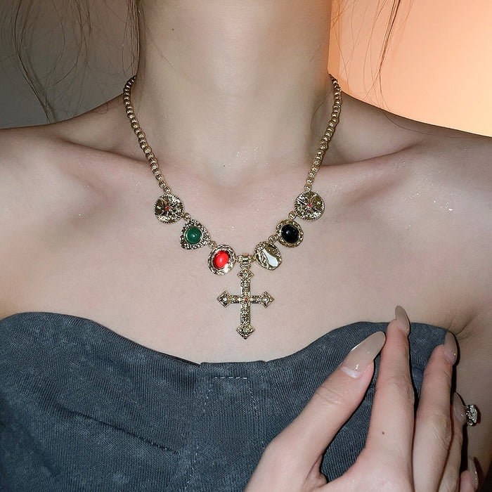 Vintage Alloy Rhinestone Cross Pendant Necklace For Women, Geometric Luxury Collarbone Chain