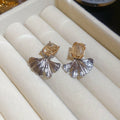 Copper Ginkgo Leaf Zircon Square Pendant Drop Earrings For Women Light Luxury OL Style view 4