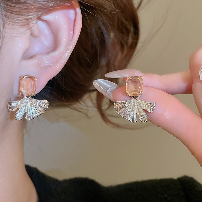 Copper Ginkgo Leaf Zircon Square Pendant Drop Earrings For Women Light Luxury OL Style