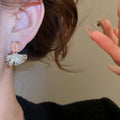 Copper Ginkgo Leaf Zircon Square Pendant Drop Earrings For Women Light Luxury OL Style view 3