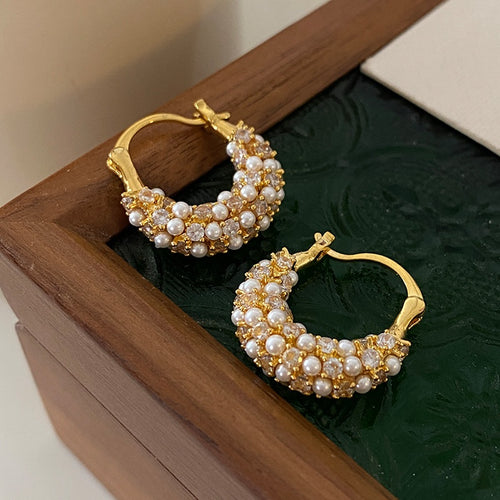 Gold Plated Zircon Round Faux Pearl Drop Earrings Chic Geometric Elegant Fashion Jewelry for Women