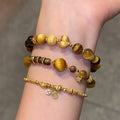 Gold Plated Zircon Tiger Eye Heart Bead Bangle, Maillard Vintage Luxury Bracelet For Women view 2