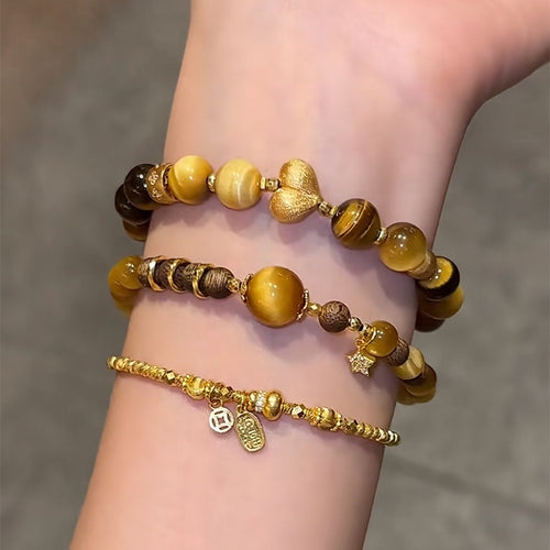 Gold Plated Zircon Tiger Eye Heart Bead Bangle, Maillard Vintage Luxury Bracelet For Women