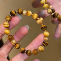 Gold Plated Zircon Tiger Eye Heart Bead Bangle, Maillard Vintage Luxury Bracelet For Women view 1