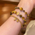 Gold Plated Zircon Tiger Eye Heart Bead Bangle, Maillard Vintage Luxury Bracelet For Women view 4