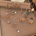 Wooden Horse And Star Pendant Necklace Stud Earrings Ring Jewelry Set For Fashion OL Style view 1