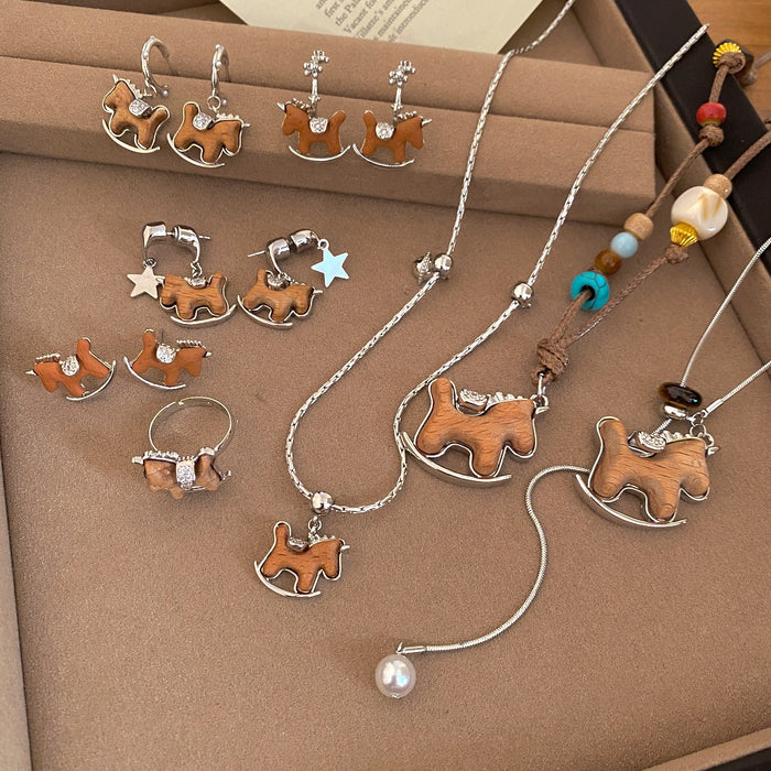 Wooden Horse And Star Pendant Necklace Stud Earrings Ring Jewelry Set For Fashion OL Style