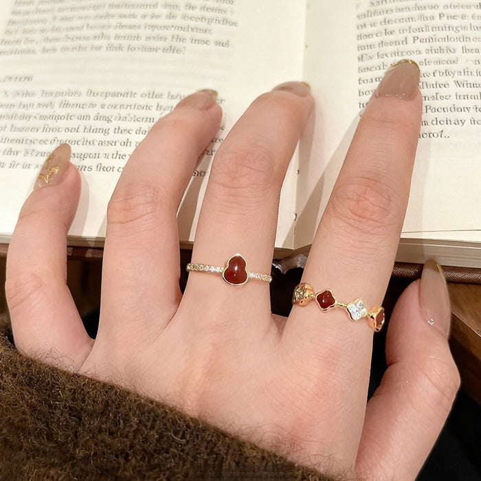 Gold Plated Copper Zircon Enamel Gourd Open Ring, New Chinese Style Geometric Finger Jewelry