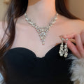 Court Style Rhinestone Flower Faux Pearl Tassel Necklace Stud Earrings Jewelry Set For Brides view 4