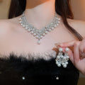 Court Style Rhinestone Flower Faux Pearl Tassel Necklace Stud Earrings Jewelry Set For Brides view 2