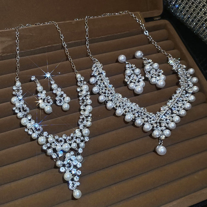 Court Style Rhinestone Flower Faux Pearl Tassel Necklace Stud Earrings Jewelry Set For Brides