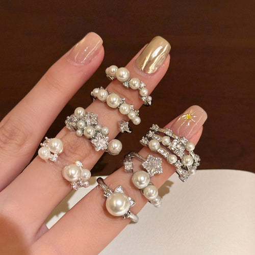 Light Luxury Faux Pearl Zircon Open Ring Bangle For Women Korean Elegant Hand Jewelry
