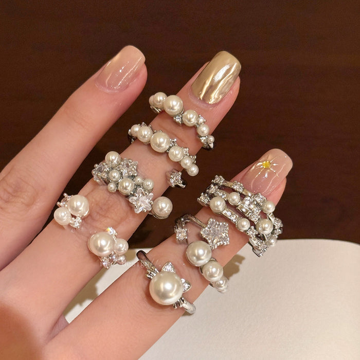 Light Luxury Faux Pearl Zircon Open Ring Bangle For Women Korean Elegant Hand Jewelry