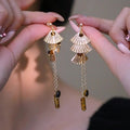 Copper Tiger Eye Ginkgo Leaf Tassel Drop Earrings Vintage OL Style view 1
